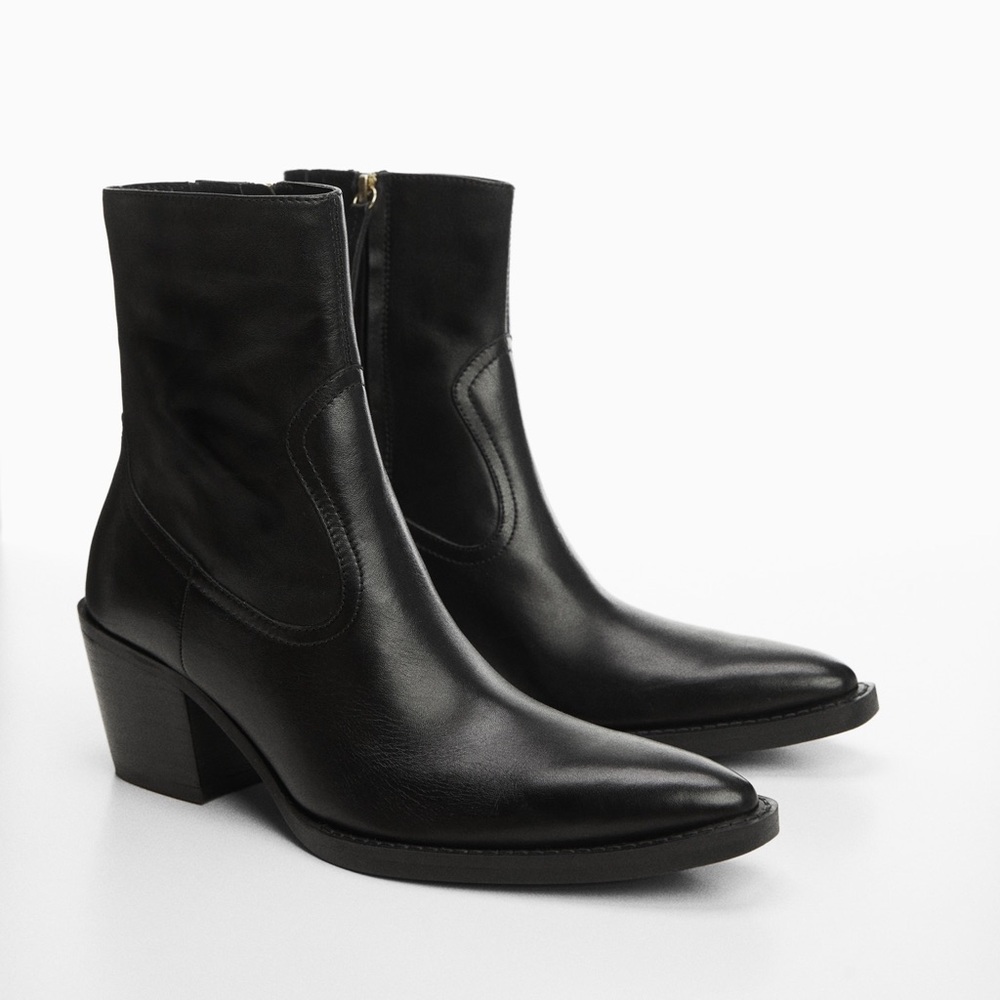 $149 NEW Mango MNG Leather Pointed Ankle Boots Black Boot